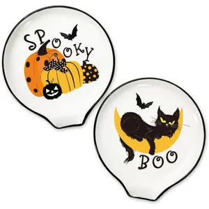 Whaline 2Pcs 4.7inch Halloween Ceramic Spoon Rest Spooky Pumpkin Black Cat Small Coffee Spoon Holder for Coffee Stirrers Teaspoon Bar Spoon Coffee Station Bar Accessories