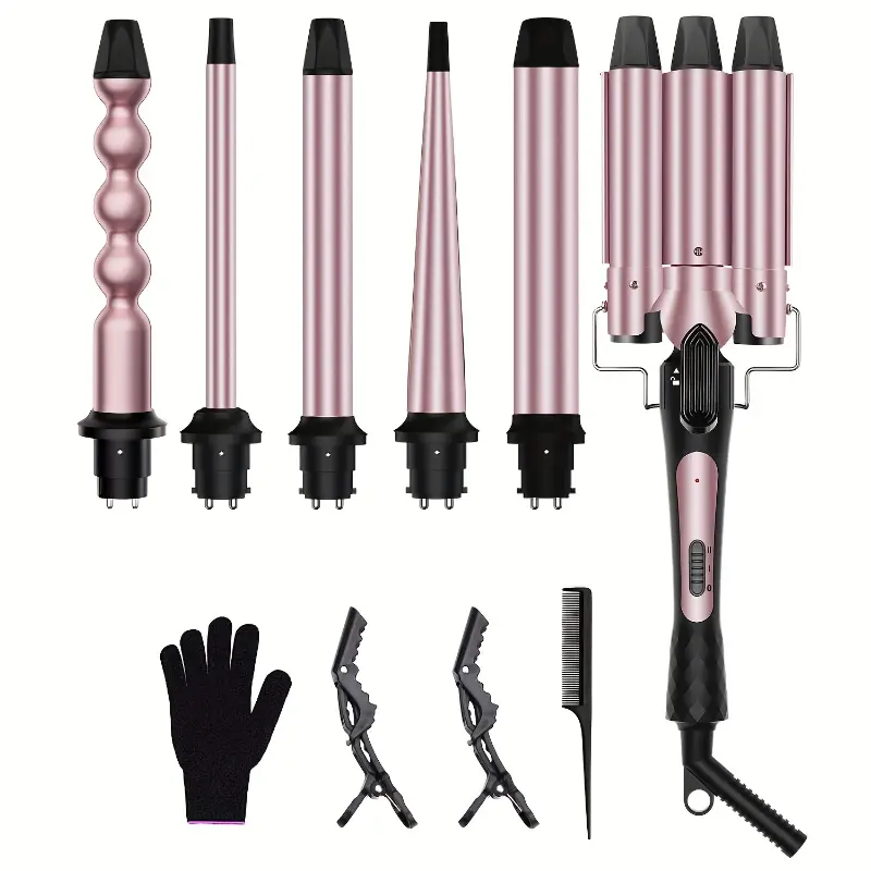 6in 1 Curling Iron, 3 Barrel Curling Iron Set with Curling Brush (1.5inch) And 5 Interchangeable Ceramic Curling Wand(0.35"-1.25"), Curling Hair, Salonquality Curls, Hair Styling Tool, Sleek Design, Professional Curling Wand, Ceramic Coated