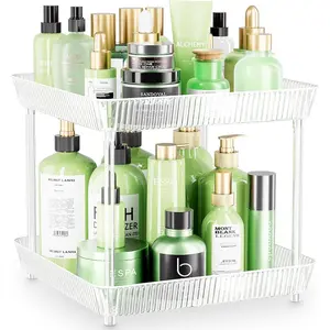 2 Tier Lazy Susan Countertop Organizer, 360° Clear Rotating Square Tray, Cosmetics and Perfume Organizer, Spinning Tray Organizer Shelf for Cabinet,