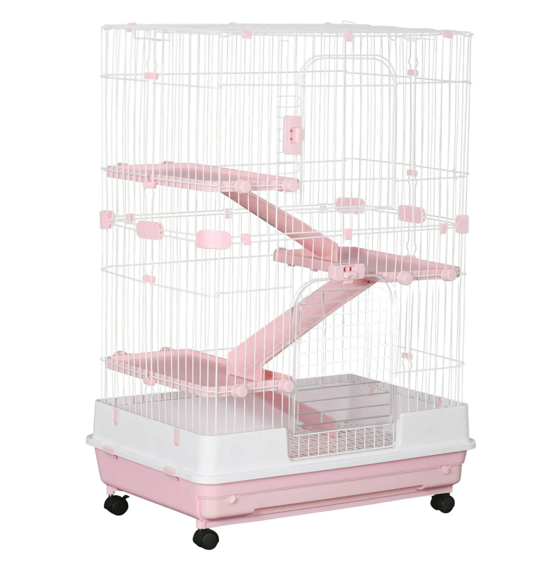 32L Detachable Multi-Level Metal-Frame Plastic Indoor Animal Cage - 32"l x 20.75"w x 43.25"h Rabbit Hutch with 4 Universal Wheels (2 with brakes), Easy-Cleaning Slide-Out Tray for Guinea Pig, Pink Chinchilla Habitat