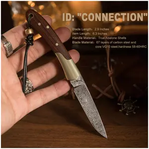 JoyRaining - Connection Handmade Damascus Pocket Knife - Rosewood EDC Folding Knife with Solid Copper Bolster - Non-Locking Slip Joint Knife for BBQ & Camping - Weighty, Unique Gift for Men