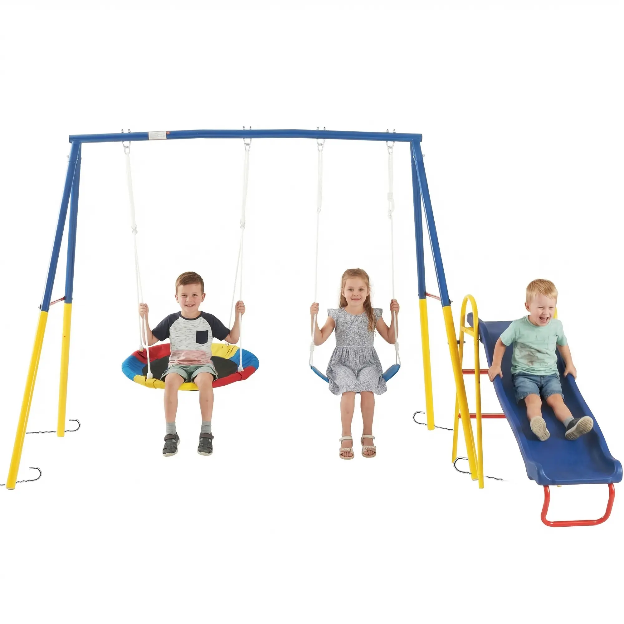 Heavy Duty Metal Unisex Kids+Adults Swinging Playground Equipment - 440lbs Capacity Stand, 32in Saucer, 26.2in Belt Seat, 53in Slide, Blue Dual Seats, Ultra-Safe Frame, Pre-Drilled Parts Easy Installation, Backyard Gift for Halloween, Christmas