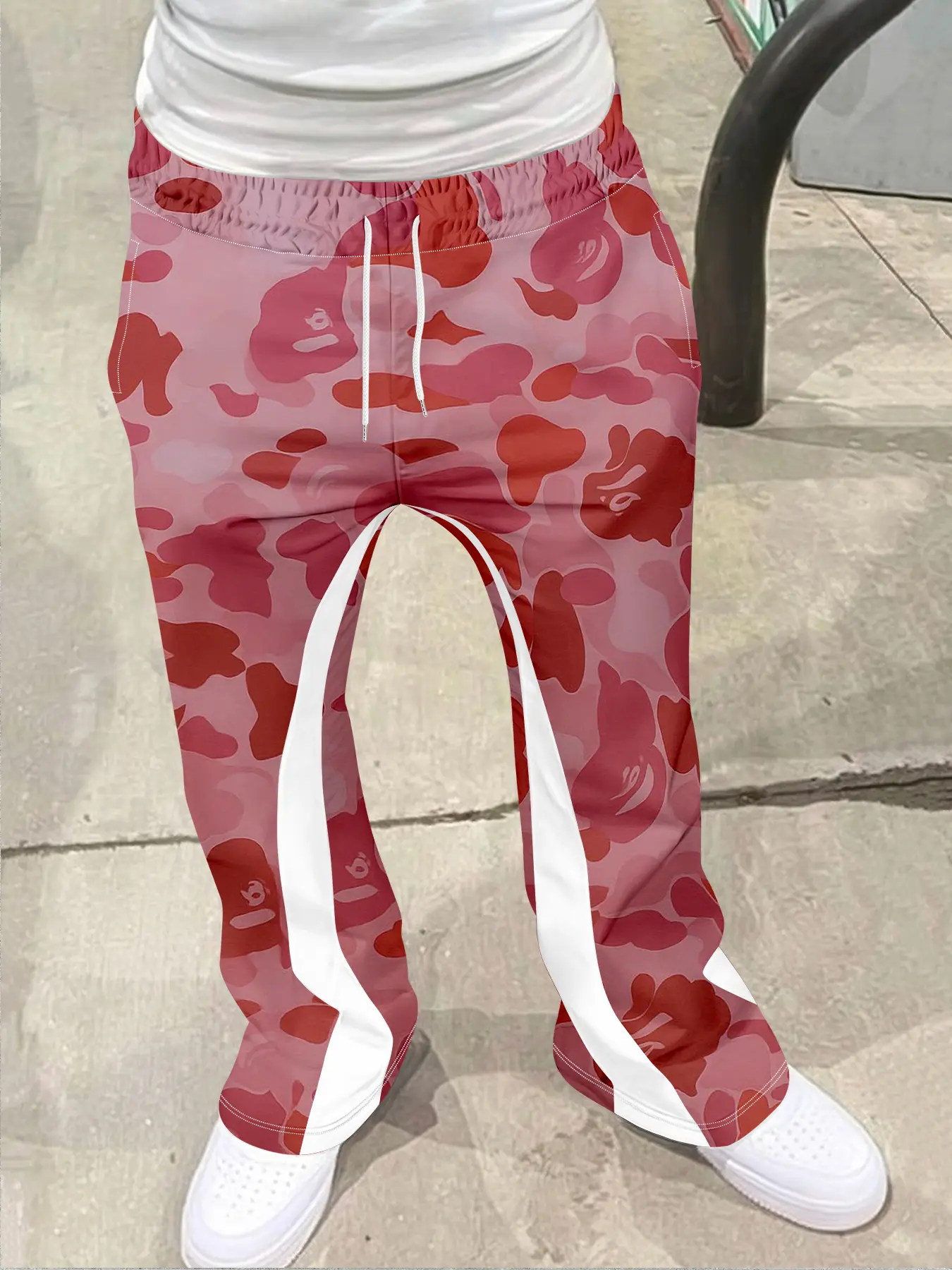 Men's Loose Fit 3D Print Geometric Bell Bottom Pants, Casual Sporty Streetwear, Hip Hop Vintage Long Pants, All Seasons Fashion