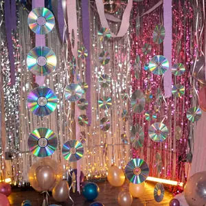 48 Pcs Real Plastic 90s Cd Decorations, Double-sided Holographic 90s Party Decorations, Retro Y2k 2000s Theme Disco Hanging Garland Banner for Music Birthday Room Wall Decor