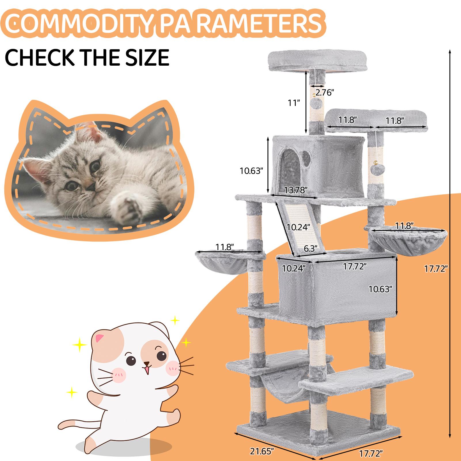 Cat Tree, 67-Inch Tall Tower for Indoor Cats with 2 Perches,2Big Condos, 2 Hammocks, Basket, Scratching Pad, LargeCatFurniture and Condo, Light Gray