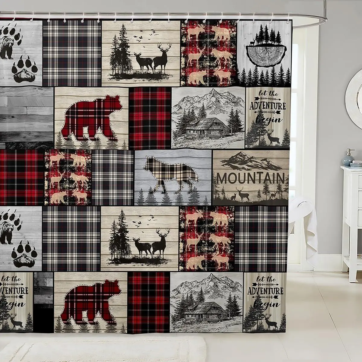 Rustic Cabin Shower Curtain Woodland Wolf Deer Bear Bathroom Curtain Bathtub Red Black Buffalo Plaid Bath Curtain Wildlife Camping Lodge Mountain Southwestern Farmhouse Bathroom Decor