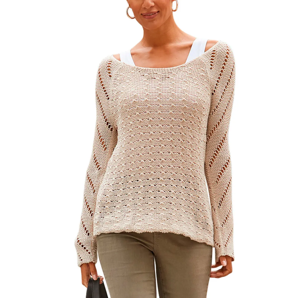 LASCANA Women's Chic Fashion Long-Sleeve Open Knit Sweater, Women's Knitwear Top