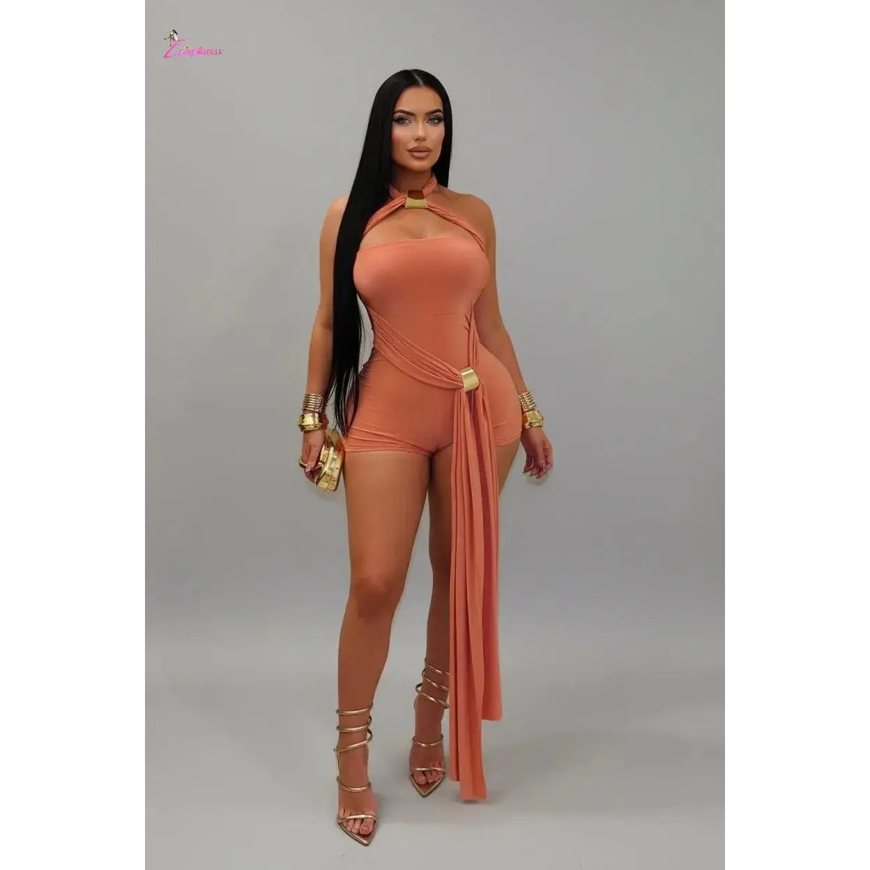 Gold Hardware Halter Romper with Cape Sash