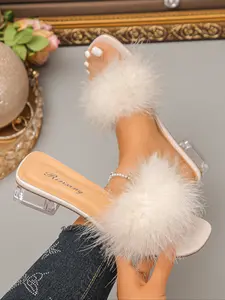 Women's Fluffy Feather Embellished Clear Block Heel Slide Sandals, Glamorous Style Shoes, Comfortable & Durable Design #ClearHeels #SlideSandals #FeatherSandals #WomensFootwear