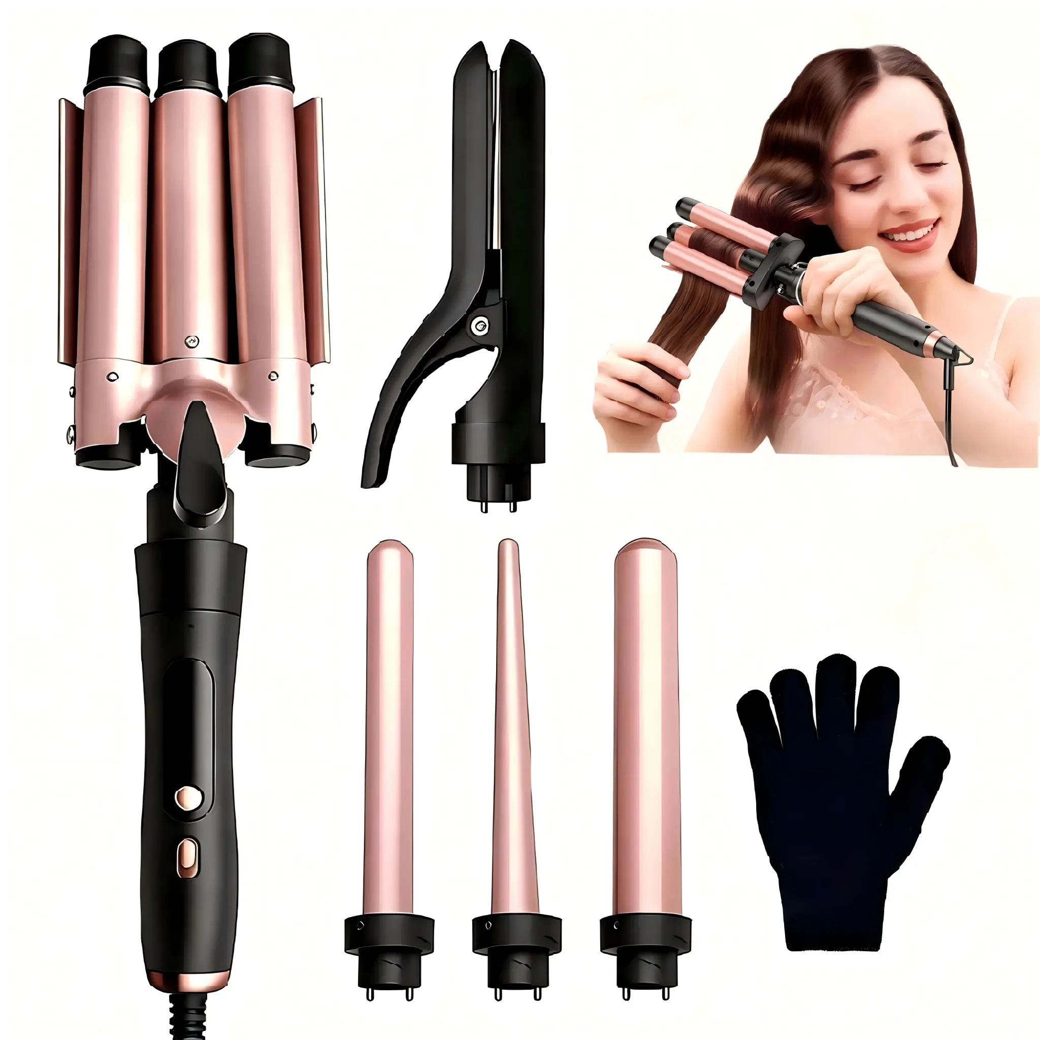 New 5 in 1 Curling Iron Set with Ceramic Interchangeable Barrels, Hair Curler Wand & Flat Iron 2 in 1 Styling Tool, Fast Heating Dual Voltage Curling Wand for Women, Beach Waves Curls and Straight Hair