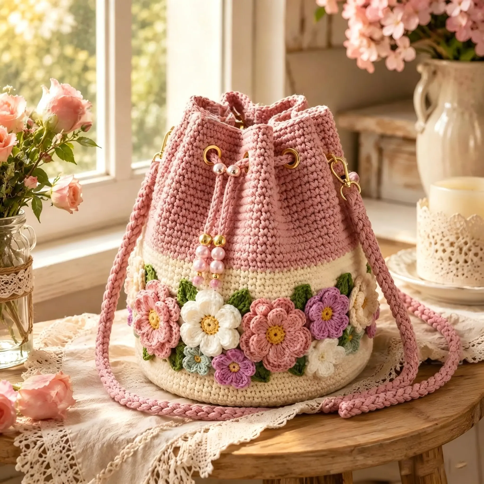 Handmade Crochet Flower Bucket Bag, Cottagecore Cotton Purse, Boho Shoulder Handbag, Handmade Knitted Crochet Shoulder Bag, handbags,Lightweight Summer Beach Vacation Bag, Stylish Bohemian Handbag for Travel, Daily Use and Holiday Outfit