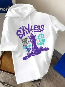 Men's Graphic Hoodie Pullover Short Sleeve Summer Streetwear, Fitted Long Top with Random Print, Trendy Casual Wear for Men, Casual Street Style