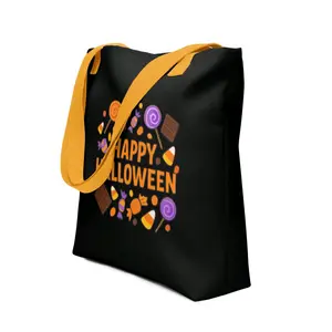Happy Halloween Candy Tote Bag - Black with Yellow Handles & Colorful Candy Design for Festive Occasions - Perfect for Trick-or-Treating or as a Decorative Accessory
