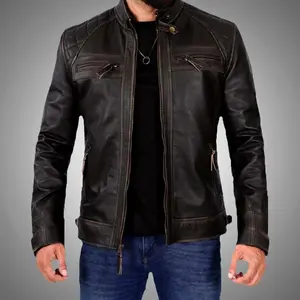 Cuir Jackets Hawkridge Quilted Brown Biker Jacket - Premium Lambskin Leather, Long Sleeve, Zipper Closure, 4 Exterior & 2 Interior Pockets, Medium Size