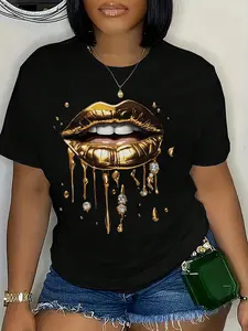 Women's Fashionable Golden Lip Print Round Neck Short Sleeve Casual T-Shirt Black Summer