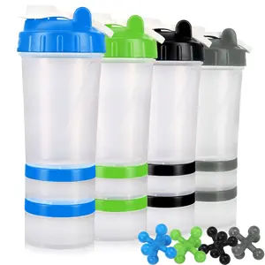 Protein Shaker Bottle with Mixer Ball and 2 Interlocking Storage Jars for Pills, 100% BPA Free, Non Toxic and Leak Proof Sports Bottle
