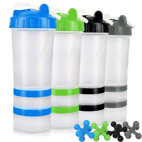 Protein Shaker Bottle with Mixer Ball and 2 Interlocking Storage Jars for Pills, 100% BPA Free, Non Toxic and Leak Proof Sports Bottle