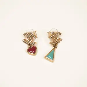 Pre-owned CHANEL Heart Triangle Drop Earrings Gold Tone