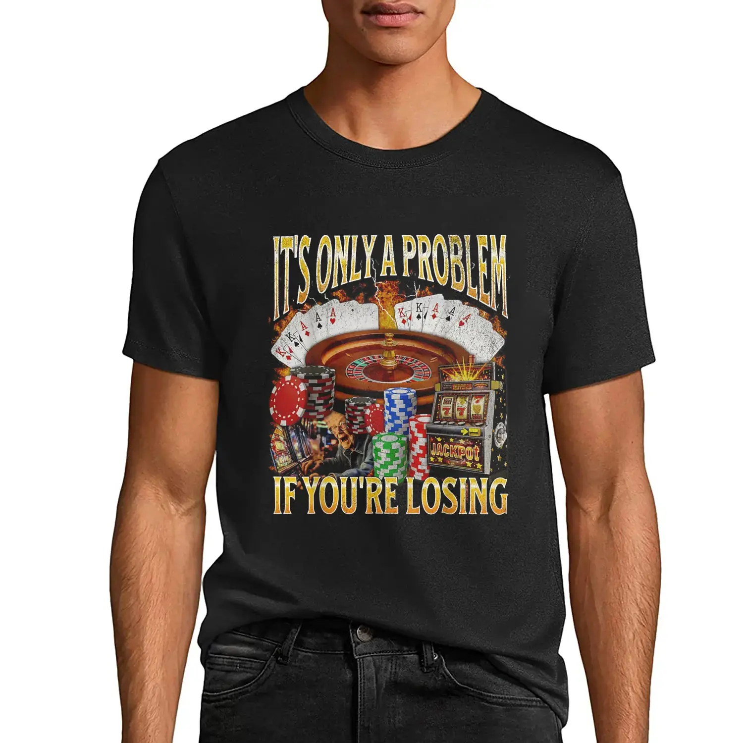 Women's Tops, Round Neck Shortsleeve 100% Cotton T-Shirt with "Only A Problem If You're Losing" Poker Chips Digital Print
