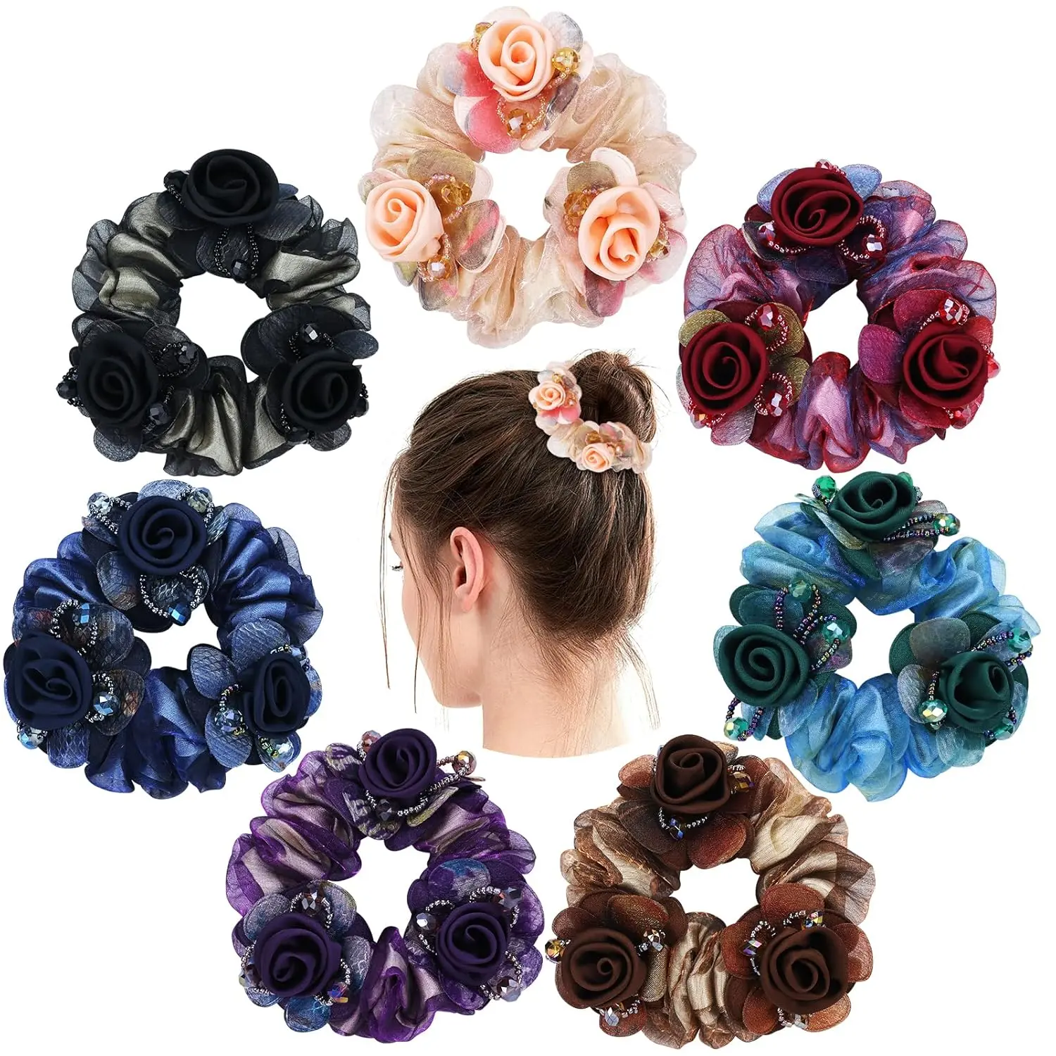 7Pcs Rose Flower Lace Hair Scrunchies Ties Elastics Bands Rubber Hairbands Ponytail Holders Floral Headbands Fancy Decorative Accessories for Women Girls Thick Hair - Home Improvement.