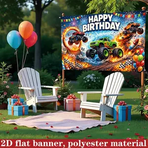 2D Flat 1PC Polyester Monster Truck Happy Birthday Backdrop Banner, Cool Fire Racing Scene Design, Indoor Outdoor Use, Ideal For Boy's Racing Themed Birthday Party, Car Lover Celebration, Kids Portrait Photoshoot
