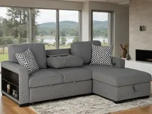 Chatham Sectional Sleeper Sofa - Modern Gray Design with Built-in Drop-Down Cup Holders, Charging Ports, and Storage Chaise, 3 to 4 Seating Capacity