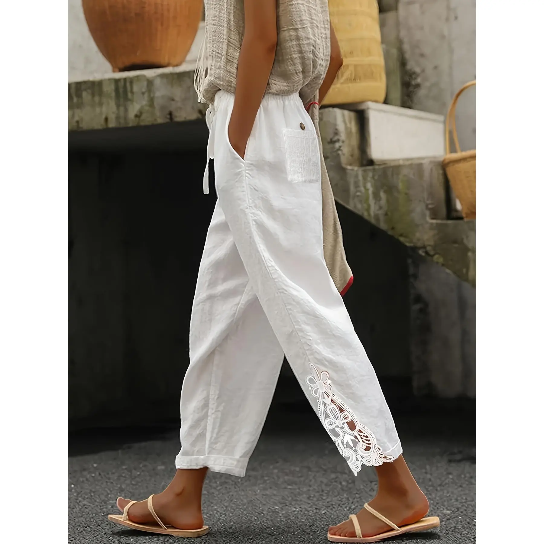Women's Elegant All-Over Print Pants with Contrast Lace Trim, Loose-Fitting Straight Leg, Elastic Tie Waist, Slight Stretch Woven Polyester-Elastane Fabric, Non-Dry-Cleanable Womenswear Bottoms, Bottom