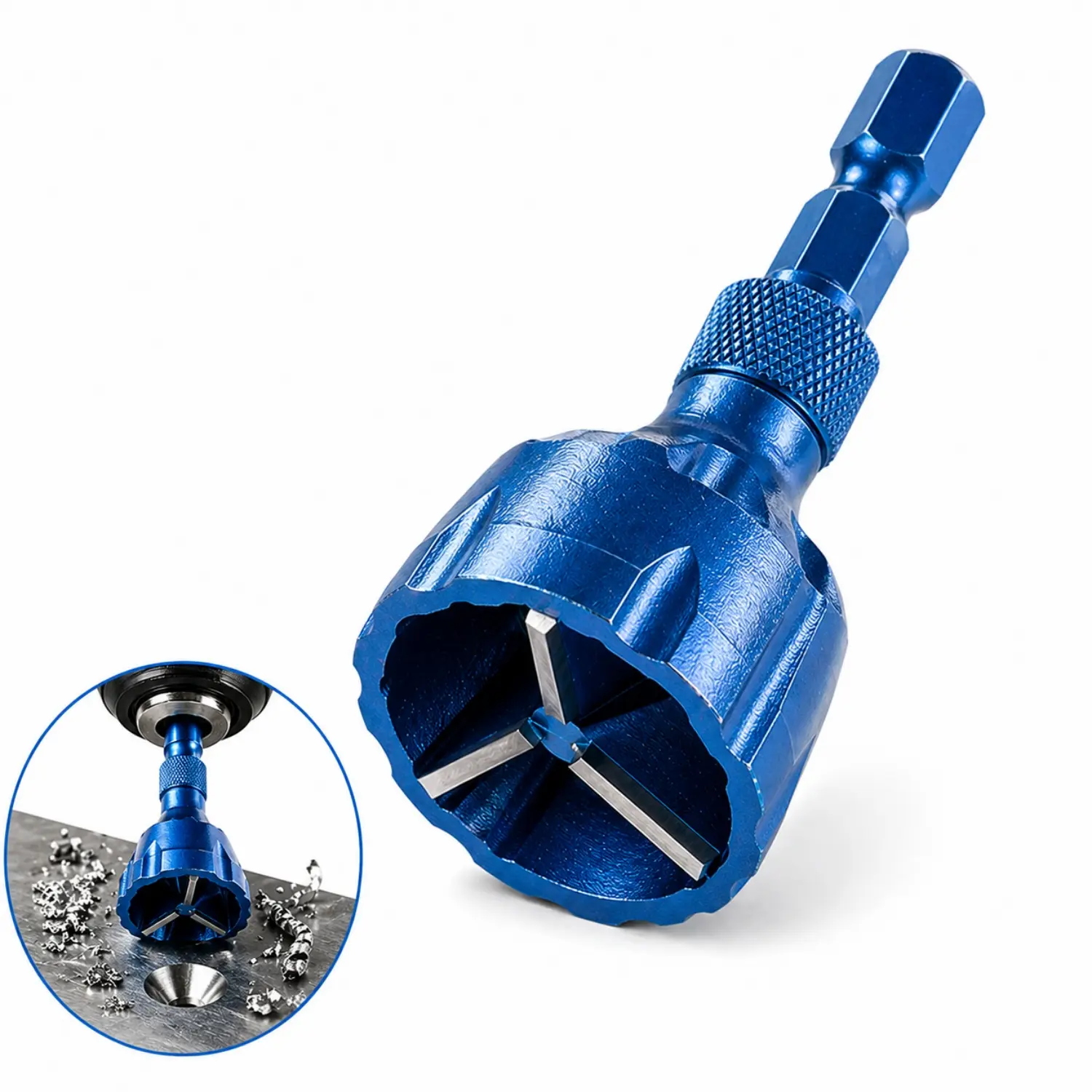 Deburring External Chamfer Tool – Tungsten Carbide Blade, Bolt & Thread Repair, 1/4" Hex Shank, Fits 1/8"–3/4" (3–19mm), For Steel, Copper, Aluminum