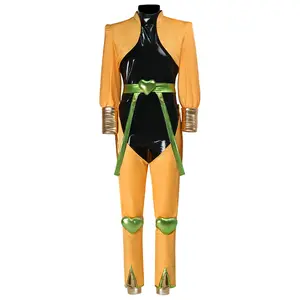 Dio Brando Yellow PU Leather Jacket Cosplay Costume Set with Bodysuit Pants Belt Leg Rings for Comic Con