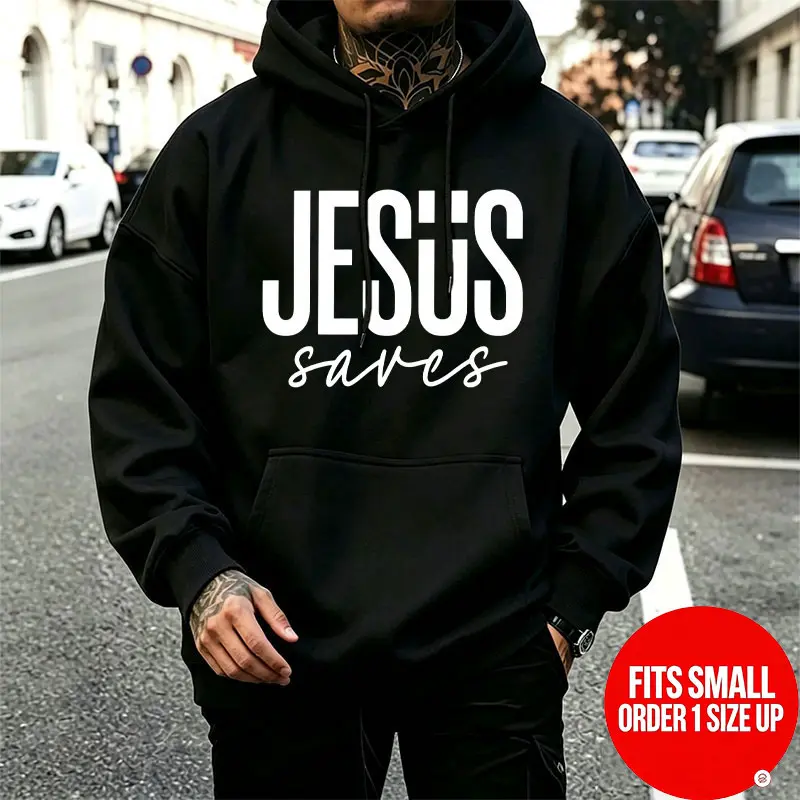 JESUS SAVES hoodie featuring a mix of thick and thin lettering, simple bold + handwritten floral lettering, unisex oversized American-style sweatshirt [Runs small—order one size up]