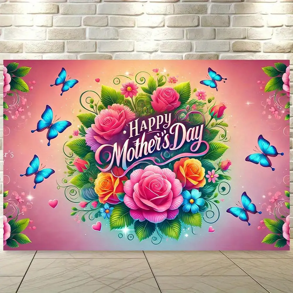 8x6ft Vibrant Floral Backdrop Banner - Pastel Pink-Green Polyester Wall Decor with Sparkling Roses, Butterflies, "Happy Mother's Day" Text, Easy Setup - Home & Party Supply for Indoor Celebrations, Flowers-Infused