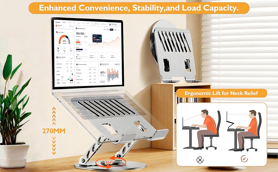 Adjustable Laptop Stand for Desk – Foldable Laptop Riser, 360° Rotatable Ergonomic Laptop Holder for MacBook Air/Pro, Dell, HP 10-17.3”, Multi-Angle Computer Stand with Phone Holder, Portable Cooling Stand for Gaming, Office & Work from Home Setup