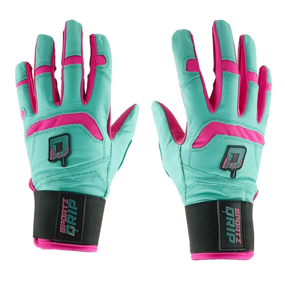 Sportz Drip Genuine Leather Batting Gloves, Unisex Training Equipment for Baseball & Softball, Teal & Pink Bold Style with Flexible Cuff & Adjustable Strap, Softball Training Aid