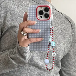 Crystal Clear Light Ind Fresh Blue Grid Protective Phone Case with Chain Strap for Apple iPhone 11 12 13 14 15 16 17 Pro Max