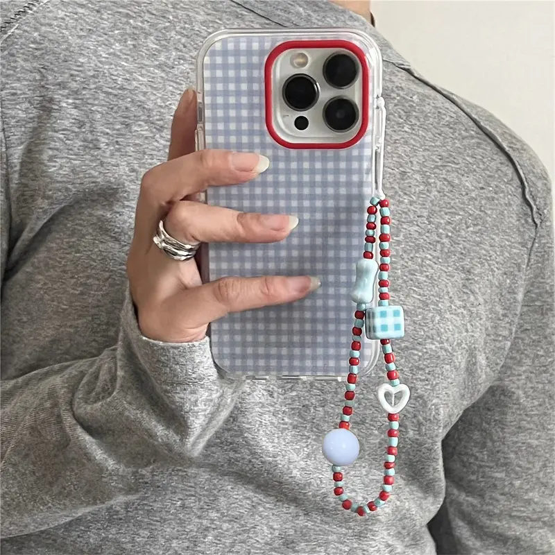 Crystal Clear Light Ind Fresh Blue Grid Protective Phone Case Cover with Chain Strap for Apple iPhone 11 12 13 14 15 16 17 Pro Max Accessories