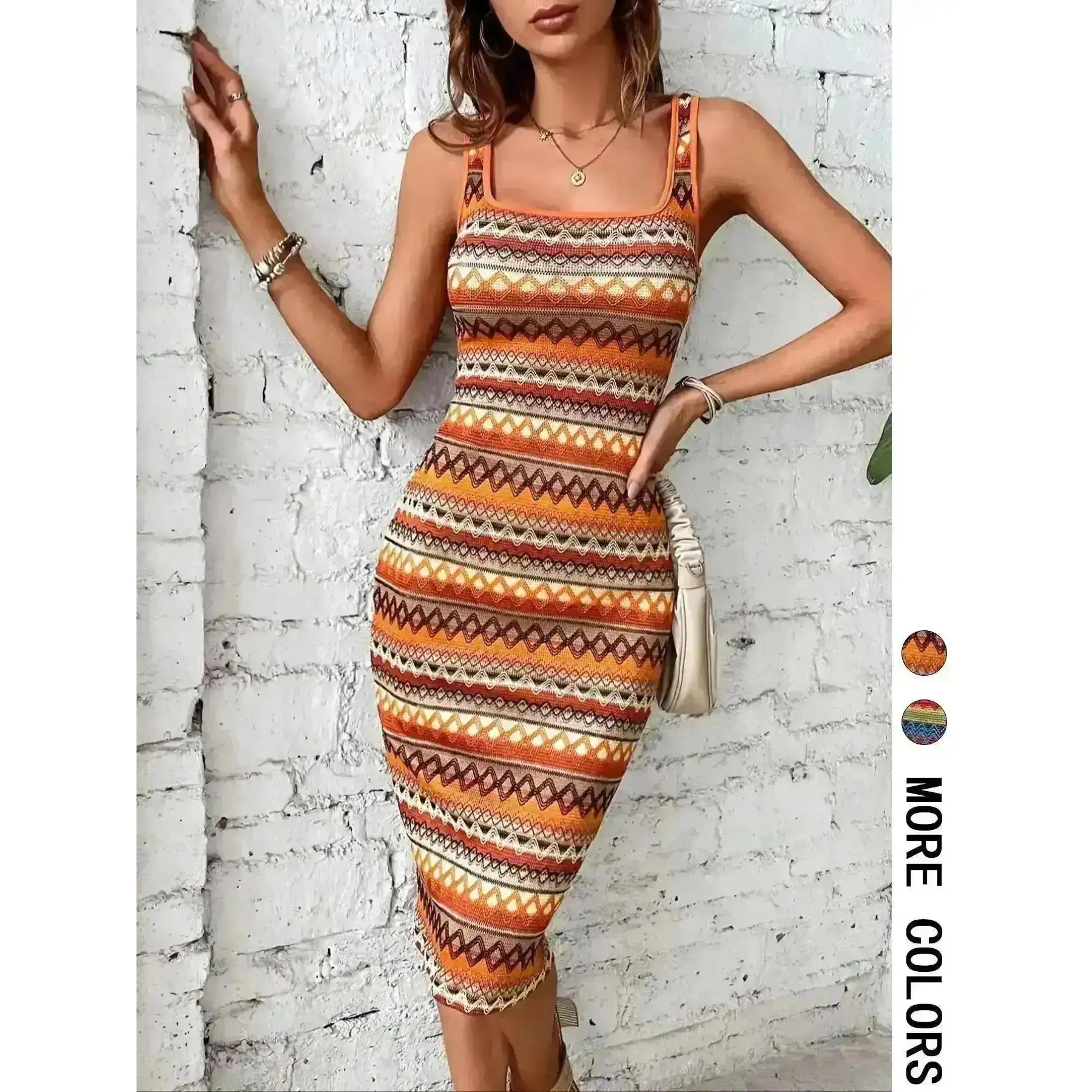 New Model Women's Geometric Chevron Print Backless Bodycon Dress, Boho Style Square Neck Sleeveless Knee Length for Beach Vacation Holiday, Ladies Summer Clothes, Elegant, Formal, Versatile, Comfort, Wear