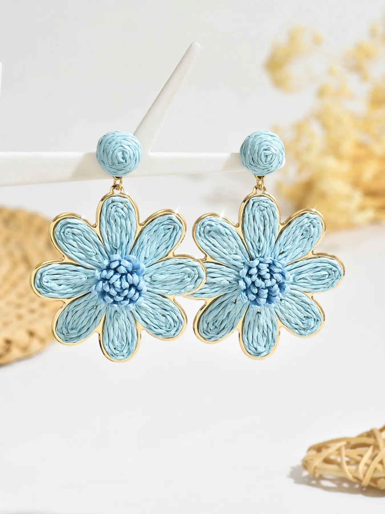 Handwoven Light Blue Raffia Flower Drop Earrings, Boho Gold-Tone Floral Statement Earrings for Women, Beachy Earrings, Bohemian Earrings, Multiple Colors Available, Lightweight Summer Design, Beach Vacations, Festivals