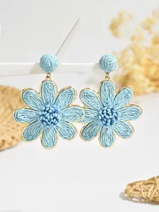 Handwoven Light Blue Raffia Flower Drop Earrings, Boho Gold-Tone Floral Statement Earrings for Women, Multiple Colors Available, Lightweight Summer Design, Perfect for Beach Vacations, Festivals, Parties & Daily Wear, Trendy Vacation Jewelry