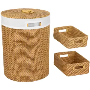3-Piece Handwoven Rattan Lidded Laundry Hamper Basket Set