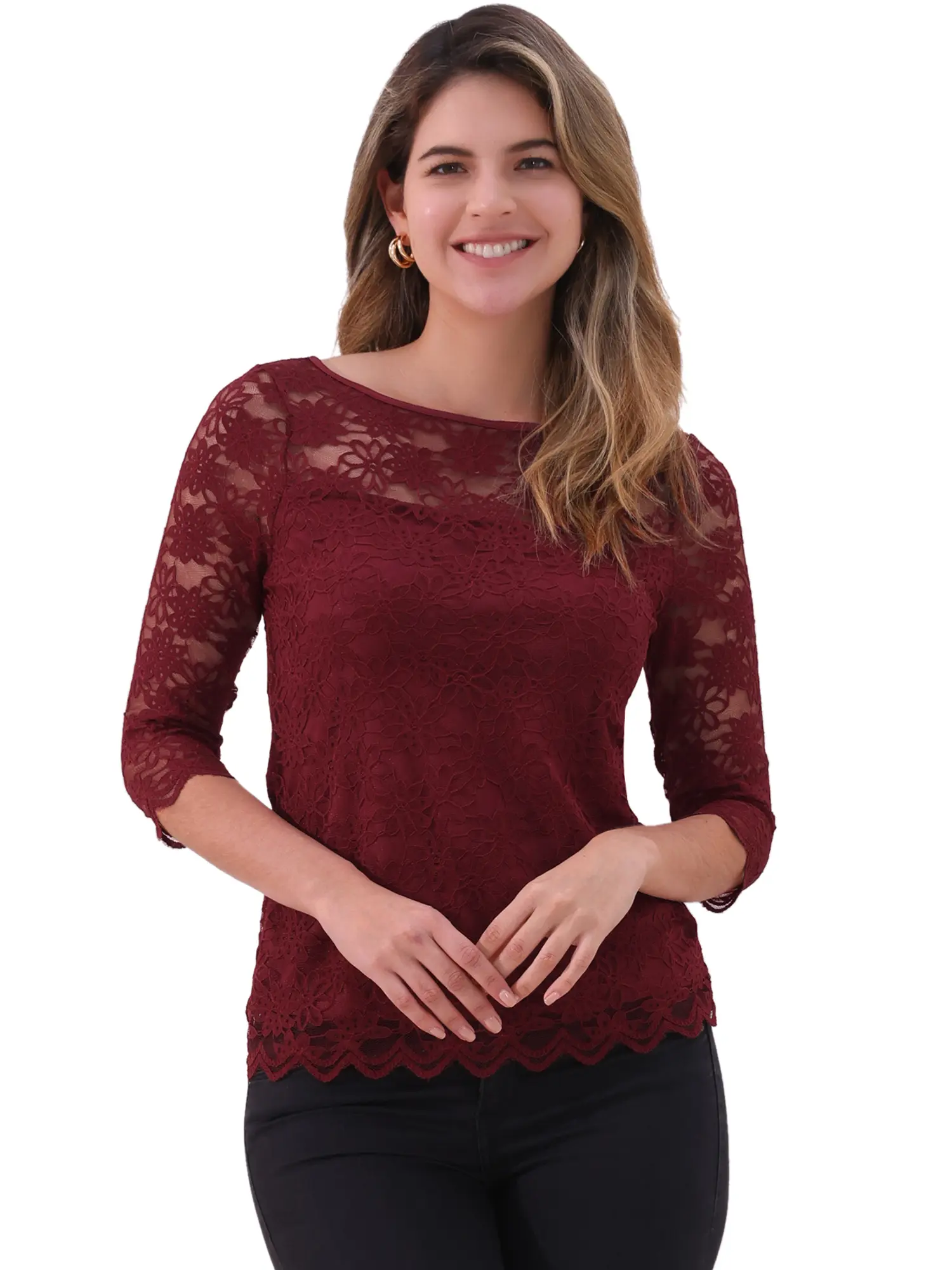 INSPIRE CHIC Floral Lace Top for Women 3/4 Sleeve Crew Neck Casual Elegant Blouse