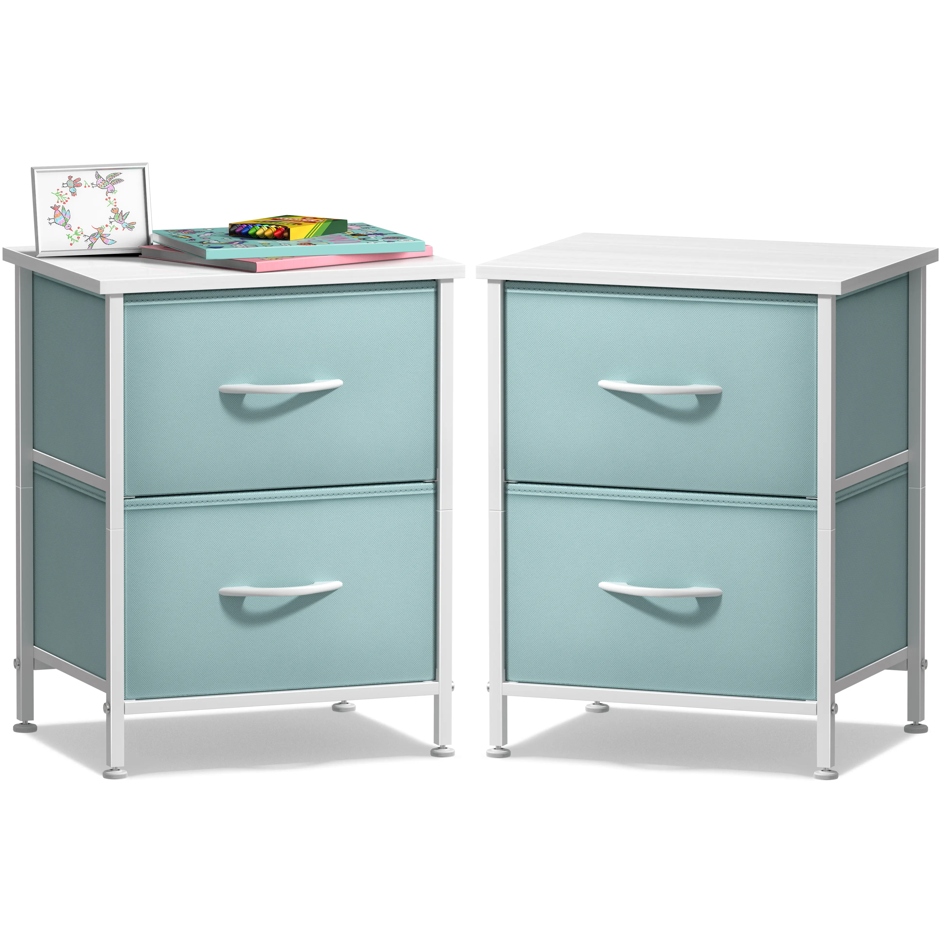Sorbus Nightstand with 2 Drawers - Steel Frame, Wood Top & Easy Pull Fabric Bins - Great for Home, Bedroom, Office & College Dorm (2 Pack) Bedside Furniture Storage Table Modern