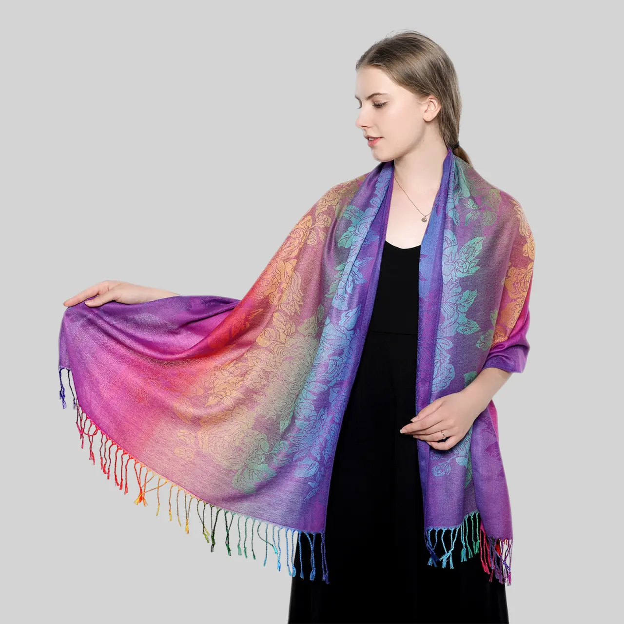 2025 New Arrival Women's Shawl Scarf Double Layer Fleece Colorful Flowers Jacquard Cotton Pashmina Women Wrap Shawl Tassels Scarves