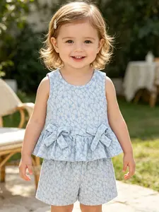 Baby Girl Summer Set, Light Blue Floral Pattern, Lightweight Bow Backless Vest & Sleeveless Shorts, Casual Street Style