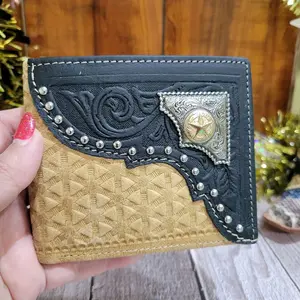 Sheriff Star Western wallet Texas style genuine leather short bi-fold concho and embossed leather wallet geometric pattern in gift box