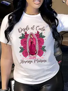 Women's Pink "Desde El Cielo" Christian T-Shirt - Virgin Mary & Rosary Design, Loose Fit Casual Short Sleeve Round Neck, All-Season Comfortable Religious Graphic Tee, Machine Washable, Comfortable Apparel| Loosefitting Fabric