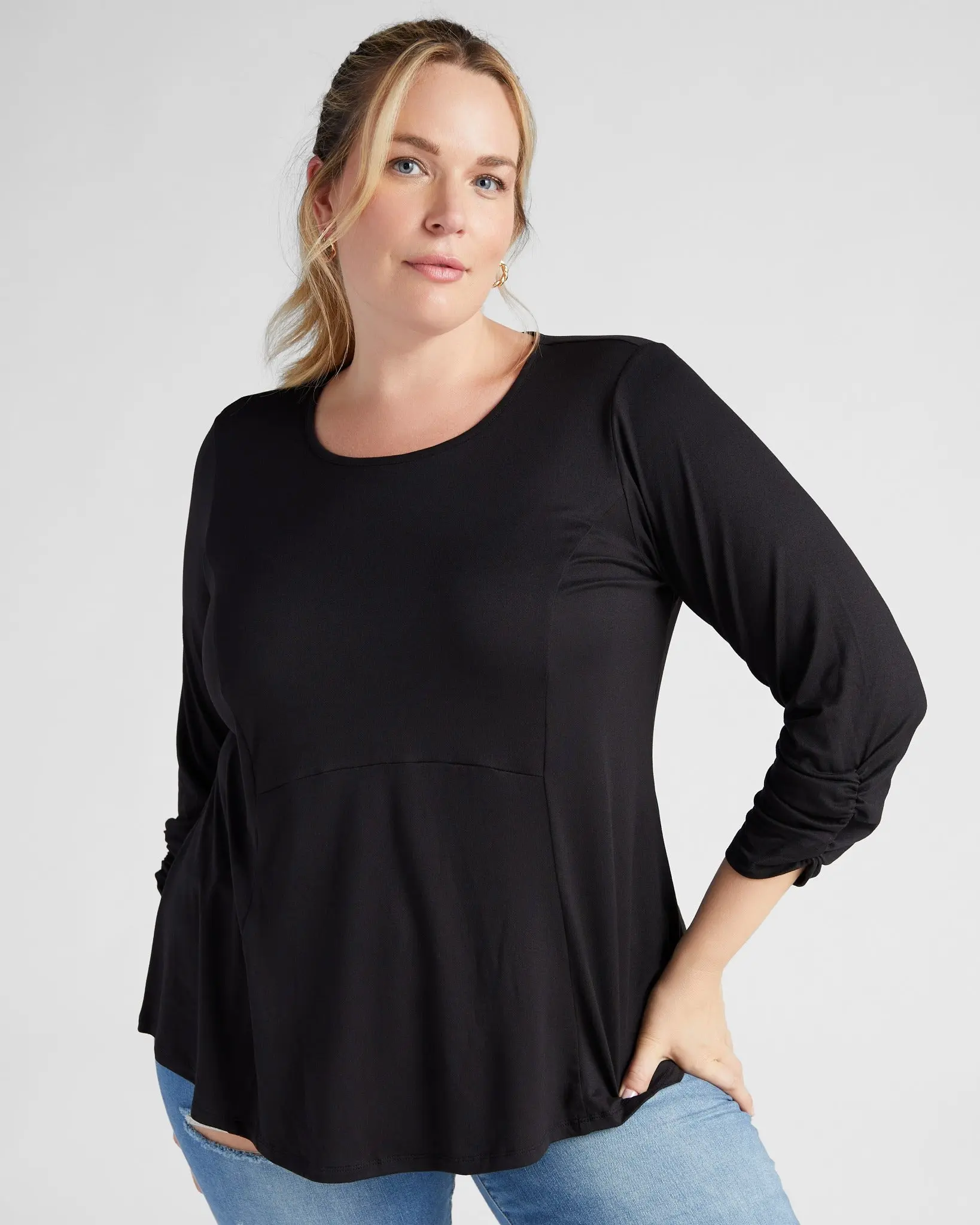 Women's Plus Size Fit Solid Plain Loose-Fitting Knit Babydoll Top - 3/4 Sleeve Buttery Soft Princess Seam Casual Minimalist Basic Blouse for Daily Wear, Hourglass Shape Doll Shirts