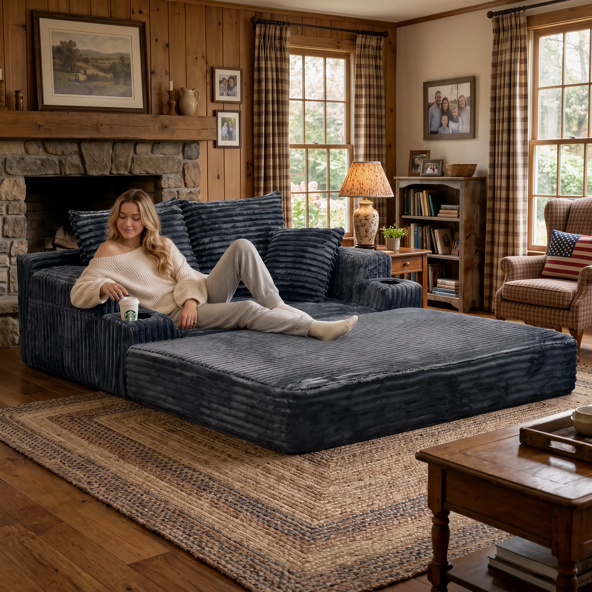 Comfortable Black Corduroy Sofa with Textured Detailing and Cozy Design