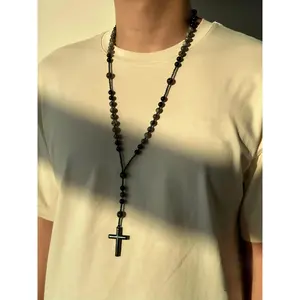 Natural Obsidian Yooperlite Rosary Necklace - UV-Reactive Protective Jewelry with Hematite Cross Pendant, Gift for Men & Women