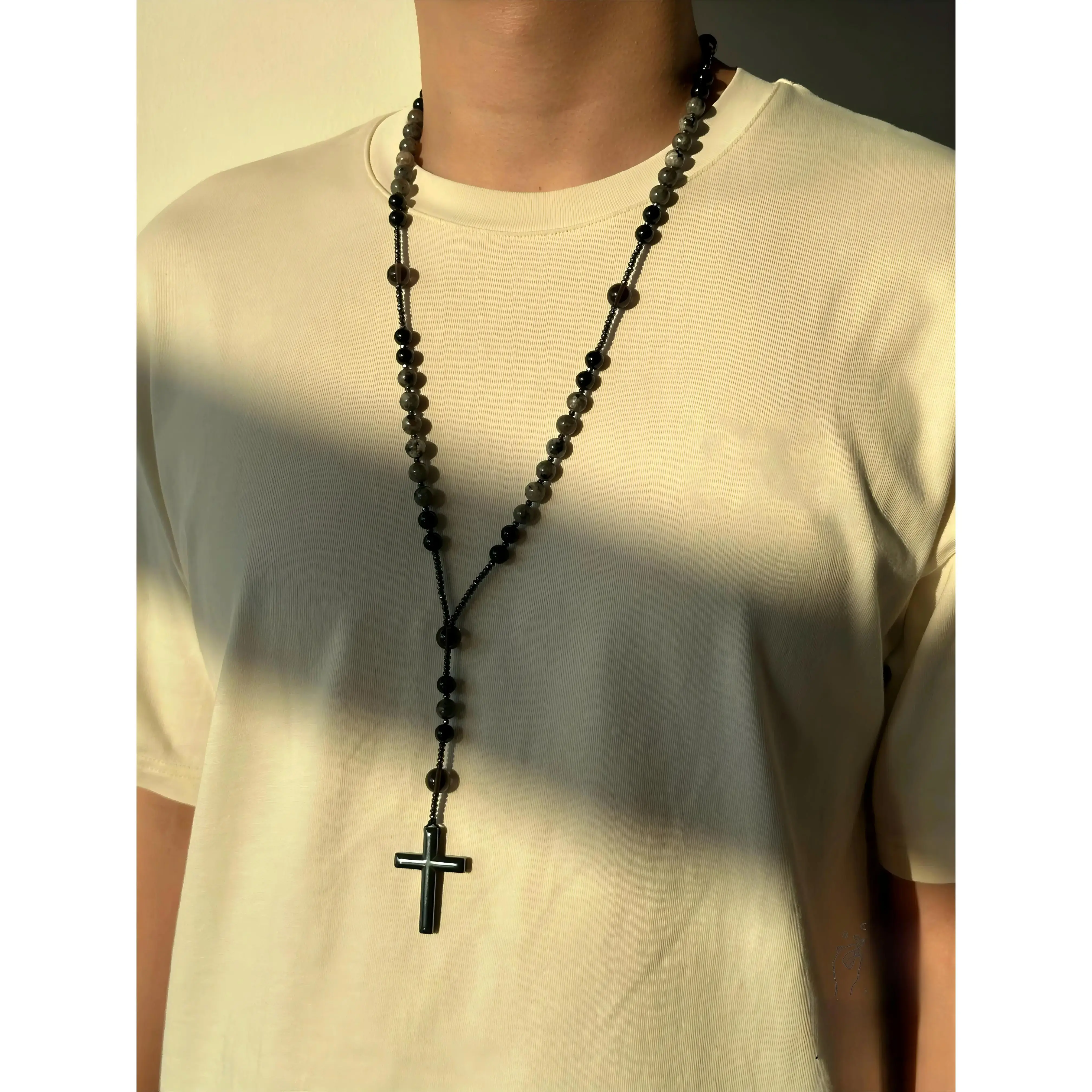 Unisex Natural Obsidian Yooperlite Stone Beaded Rosary Necklace - 36in UV-Reactive Faith Pendant Necklace with Hematite Cross, Daily Versatile Chain Hip Hop Jewelry Gift, Beaded Chains, Chain Necklace