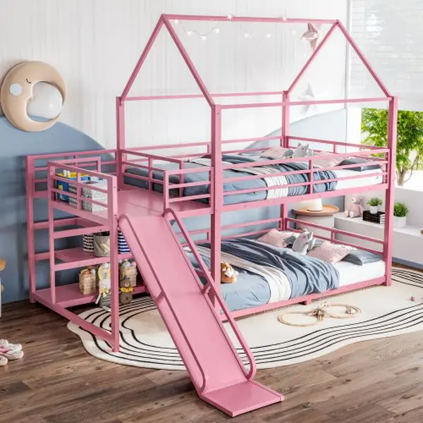 Bellemave All-Steel Metal House Bunk Bed - Black, with Storage Stairs, Slide, and Safety Rails, All-Steel Bed Frames